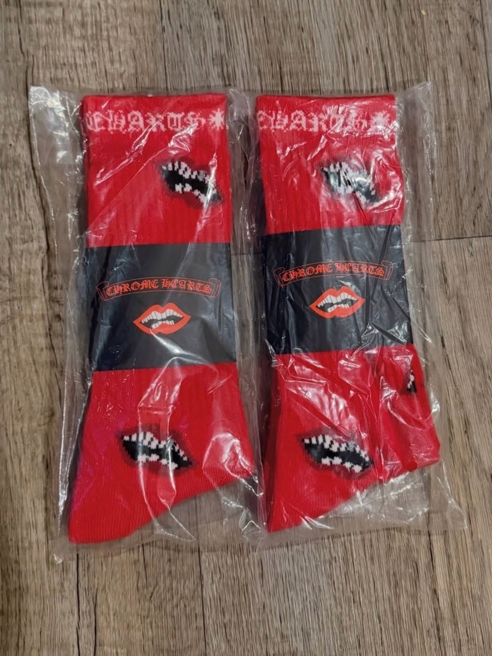 Chrome Hearts Red and Black Lip Graphic Crew Socks